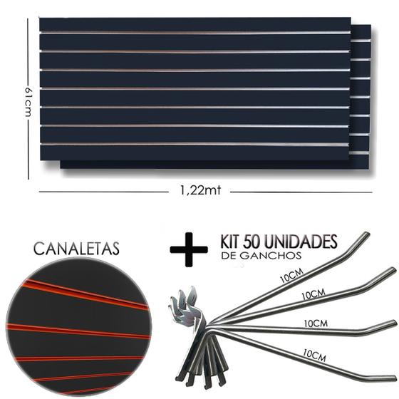 Imagem de 2 Paineis Canaletado Preto -1,22 x 0,61 + 50 Gancho 10cm + Canaletas LARANJA