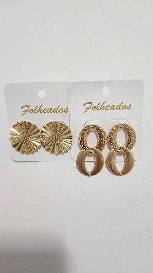 Imagem de 2 Pares Brincos Dourado Leque Circular Oito Estilizado 18K