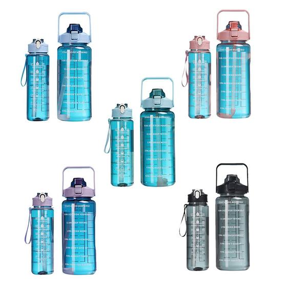 Imagem de 2 pces família garrafa de água conjunto 2000ml 900ml esportes garrafa de água com marcador de tempo adesivos portátil co