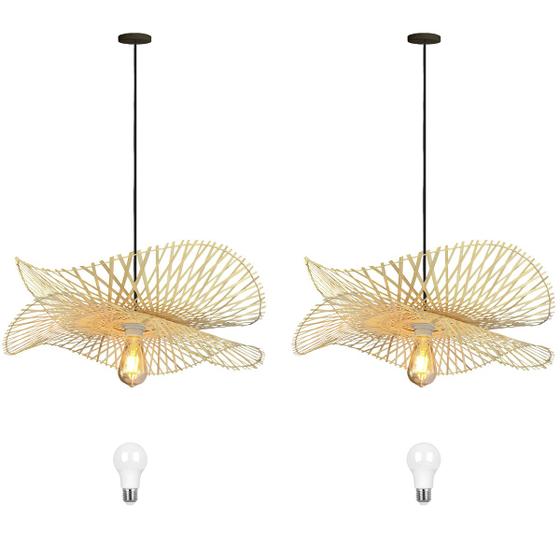 Imagem de 2 Pendente Fibra Natural Bambu Quarto Artesanal Nat64 + Led