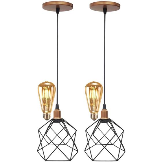 Imagem de 2 Pendentes Aramado Cálice Luminária Lustre Retrô Balcão Preto Cobre Rose Gold + Lâmpada Led Teto