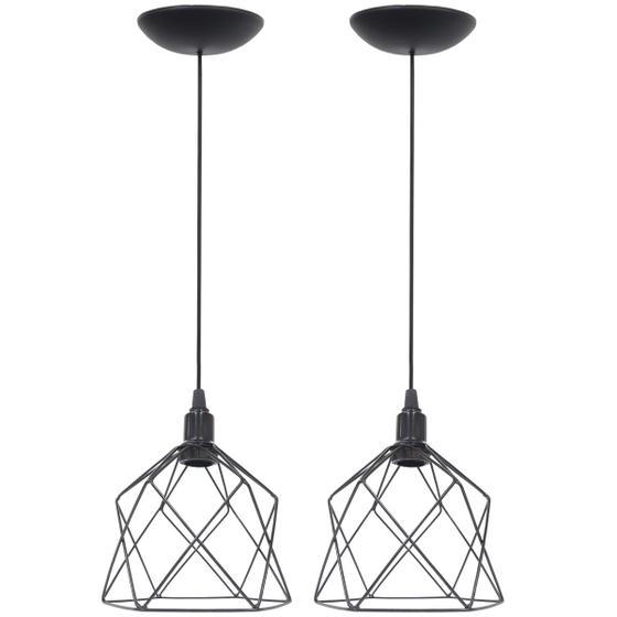 Imagem de 2 Pendentes Aramado Cálice Luminária Lustre Teto Retrô Vintage Industrial Balcão Preto