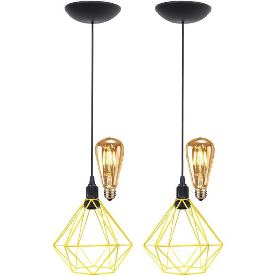 Imagem de 2 Pendentes Aramado Diamante Teto Luminária Retrô Balcão Agp Amarelo + 2 Lâmpadas Led ST64 Vintage