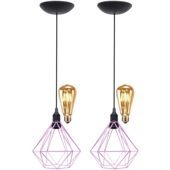 Imagem de 2 Pendentes Aramado Diamante Teto Luminária Retrô Balcão Agp Rosa + 2 Lâmpadas Led ST64 Vintage