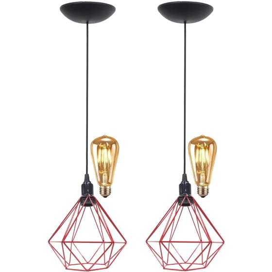 Imagem de 2 Pendentes Aramado Diamante Teto Luminária Retrô Balcão Agp Vermelho + 2 Lâmpadas Led ST64 Vintage