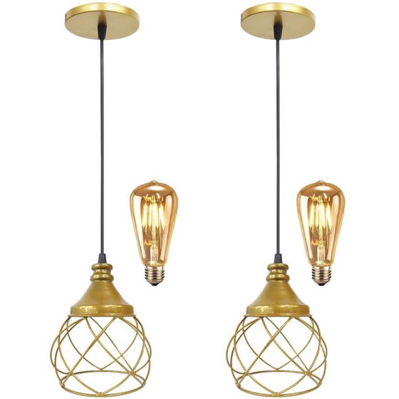 Imagem de 2 Pendentes Aramado Esfera Balonê Dourado + 2 Lâmpadas Lustre Luminária Teto Regulável Sala Cozinha