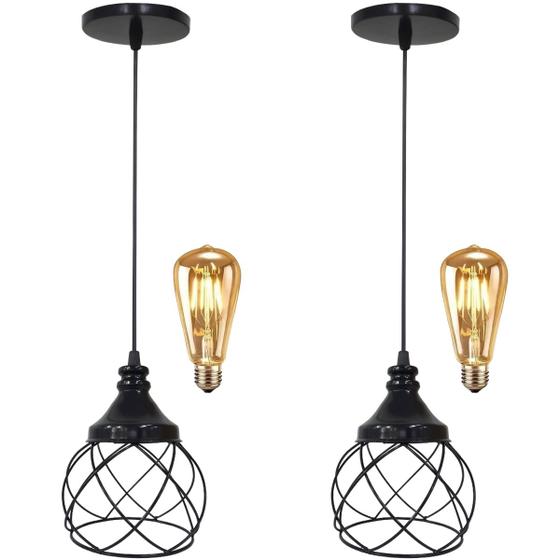 Imagem de 2 Pendentes Aramado Esfera Balonê Preto + 2 Lâmpadas Lustre Luminária Teto Regulável Sala Cozinha