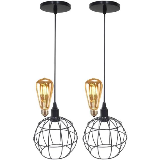 Imagem de 2 Pendentes Aramado Globo Luminária Lustre Retrô Balcão + 2 Lâmpadas Led ST64 Vintage Teto