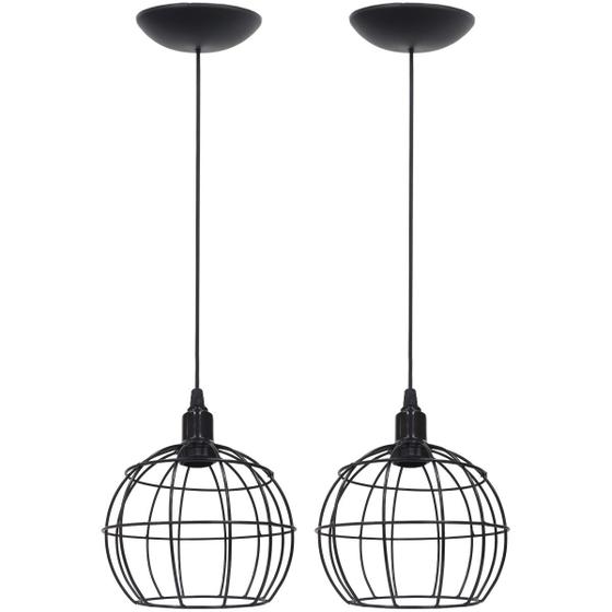 Imagem de 2 Pendentes Aramado Globo Luminária Lustre Teto Retrô Vintage Industrial Balcão Preto