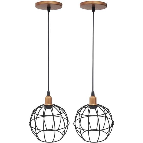 Imagem de 2 Pendentes Aramado Globo Preto Luminária Lustre Industrial Teto Vintage Cobre Rose Agp Ilumini