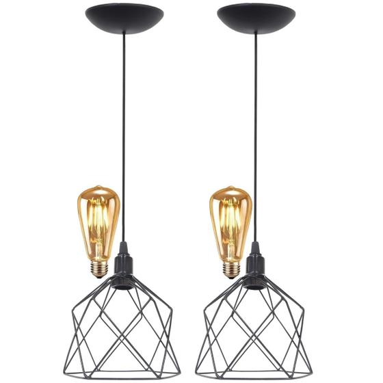 Imagem de 2 Pendentes Aramado Teto Cálice Luminária Lustre Retrô Balcão + Lâmpada Led ST64 Vintage Preto