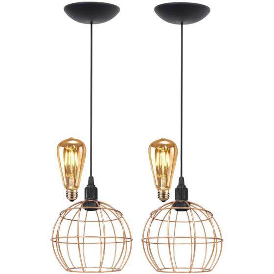 Imagem de 2 Pendentes Aramado Teto Globo Luminária Lustre Retrô Balcão + Lâmpada Led ST64 Cobre Rose Gold