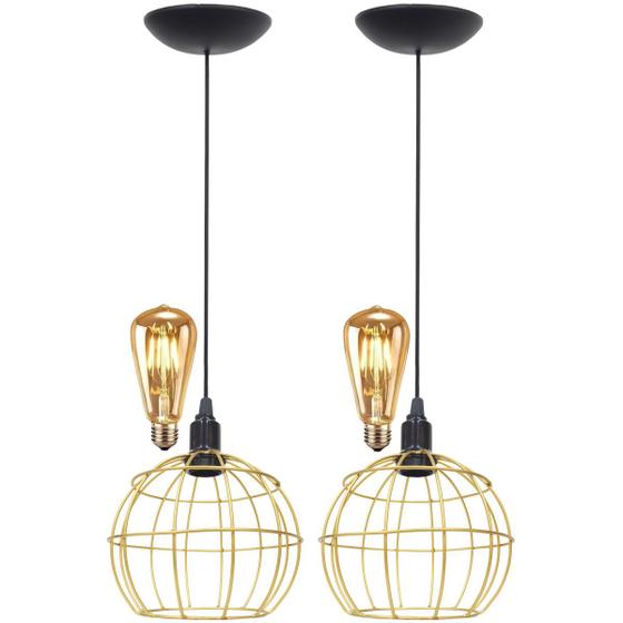 Imagem de 2 Pendentes Aramado Teto Globo Luminária Lustre Retrô Balcão + Lâmpada Led ST64 Vintage Dourado