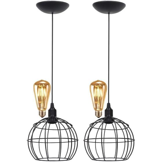 Imagem de 2 Pendentes Aramado Teto Globo Luminária Lustre Retrô Balcão + Lâmpada Led ST64 Vintage Preto