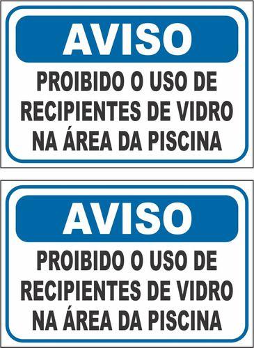 Imagem de 2 Placas Sinalização Proibido Vidro Na Área Da Piscina 30x20