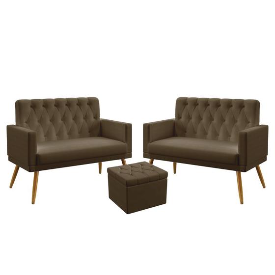 Imagem de 2 Poltronas Namoradeira Nina Com Rodapé E Capitonê Com Puff Quasar Sued Capuccino Aradecor