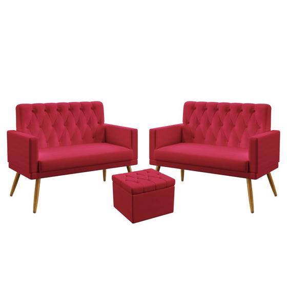 Imagem de 2 Poltronas Namoradeira Nina Estofada com Rodapé e Capitonê com Puff Quasar Sued Vermelho Aradecor