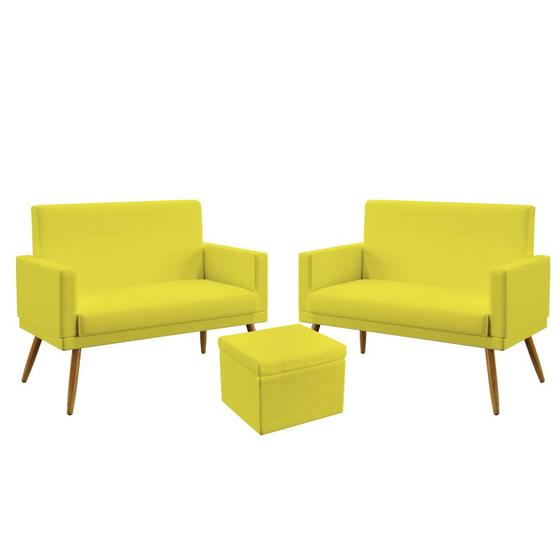 Imagem de 2 Poltronas Namoradeira Vega Almofadada Com Rodapé Com Puff Quasar Sued Amarelo Aradecor