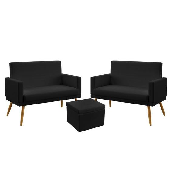 Imagem de 2 Poltronas Namoradeira Vega Com Rodapé Com Puff Quasar Couro Preto Aradecor