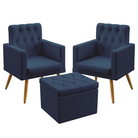 Imagem de 2 Poltronas Nina Estofada Com Rodapé E Capitonê Com Puff Quasar Sued Azul Marinho Aradecor
