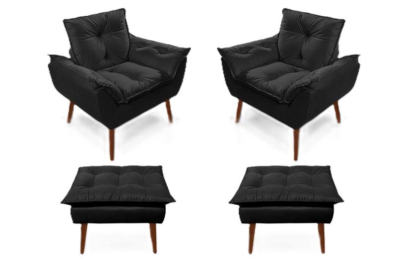 Imagem de 2 poltronas opala com 2 puff Preto decorativa confortável para sala quarto recepção suede luxo