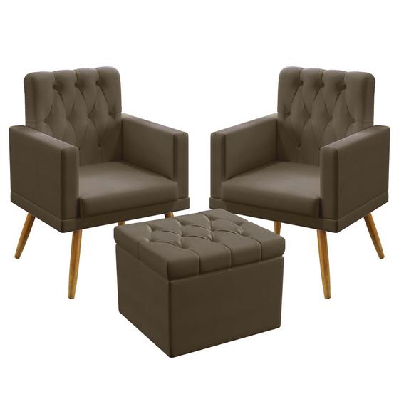 Imagem de 2 Poltronas Vega Estofada Com Rodapé E Capitonê Com Puff Quasar Sued Capuccino Aradecor