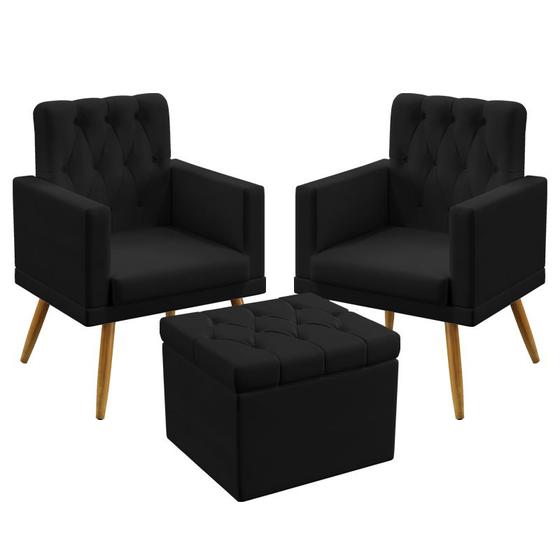 Imagem de 2 Poltronas Vega Estofada Com Rodapé E Capitonê Com Puff Quasar Sued Preto Aradecor