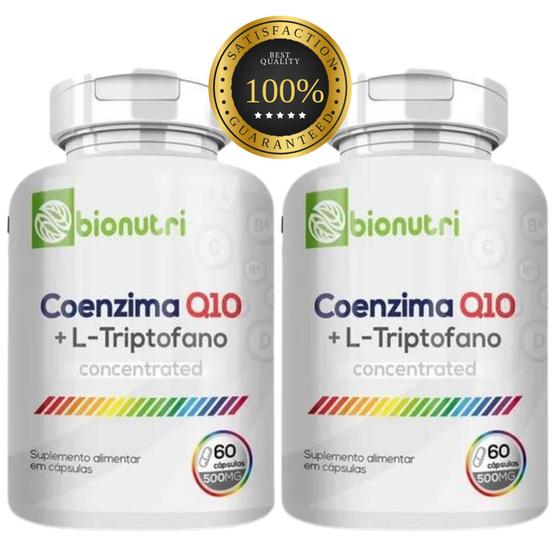 Imagem de 2 Potes Coenzima Q10 + L-Triptofano 500mg Puro Premium Ubiquinol 100% Absorção 60 Cáps 