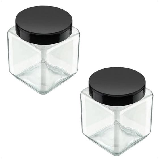 Imagem de 2 Potes De Vidro Liso Quadrado 1200Ml Com Tampa Rosqueável