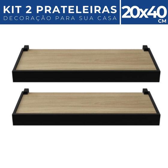 Imagem de 2 Prateleiras 20x40cm Duetto Nogueira c/ Suporte Moldura MDF