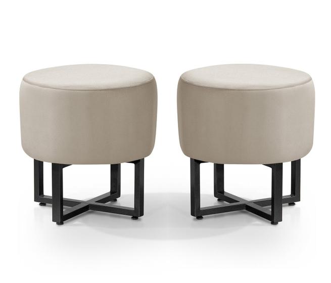 Imagem de 2 Pufes Banqueta Redonda Para Sala Decoração Interior Pes Ferro Preto Tecido Bege