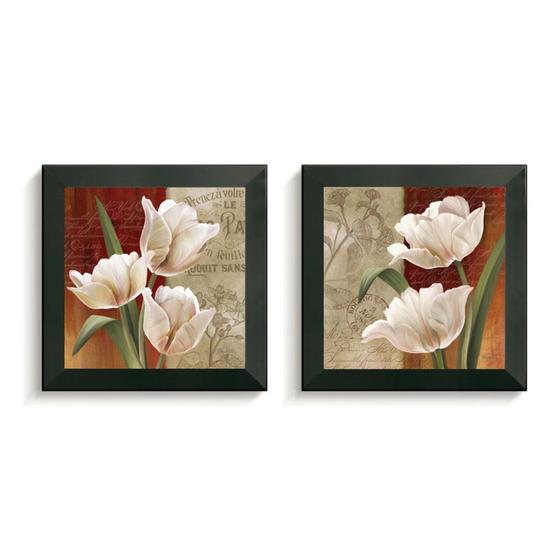 Imagem de 2 Quadros Decorativos Flores Retro Moldura Caixa Alta Vidro