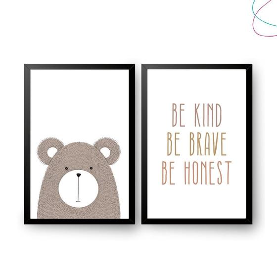 Imagem de 2 Quadros Decorativos Urso Escandinavo Boho Frase Be Brave