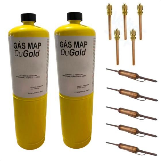 Imagem de 2 Refil P/ Maçarico Gás Map + 5 Valvula Schrader + 5 Filtro