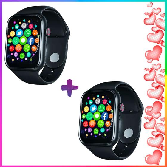 Imagem de 2 Relógios inteligente Kit Casal smartwatch W Pro troca pulseira ligações monitor android e IOS