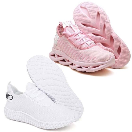 Imagem de 2 Tênis Feminino Caminhada Macio Confortavel Rosa/Branco