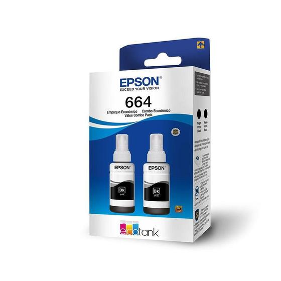 Imagem de 2 tintas  Preto T664120-2P T664 para impressora tank L110, L120, L121, L200, L210, L220, L355, L365, L455, L555, L565, L