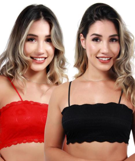 Imagem de 2 Top Faixa Sem Bojo Renda Moda Blogueira Lingerie Sutiã Preto e Vermelho