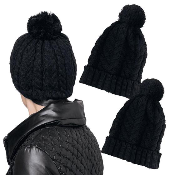 Imagem de 2 Toucas Gorro Preta Lã Tricot Pompom Feminino Masculina