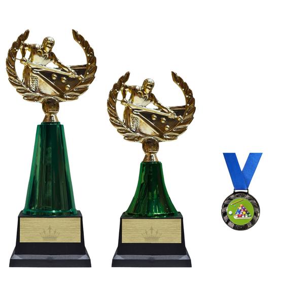 Imagem de 2 Troféus Modelo De Sinuca Com 1 Medalha Bronze P/ Bilhar