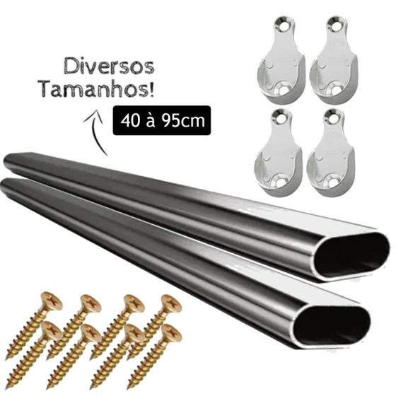 Imagem de 2  Tubos Cabideiro Oval Cromado Cabide de 40 a 95cm com suporte