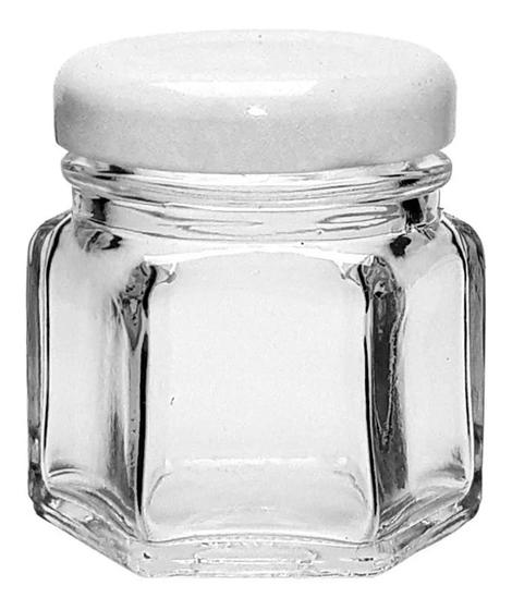 Imagem de 20 Mini pote de vidro sextavado 40ml c/ tampa Branca