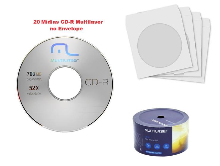 Imagem de 20 Unidades Mídia CD-R Não Imprimível Multilaser no Envelope