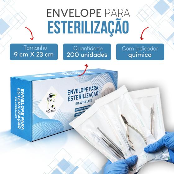 Imagem de 200 envelopes autoselante em autoclave p/ esterilização de alicate de cutícula manicure 9 x 23 cm