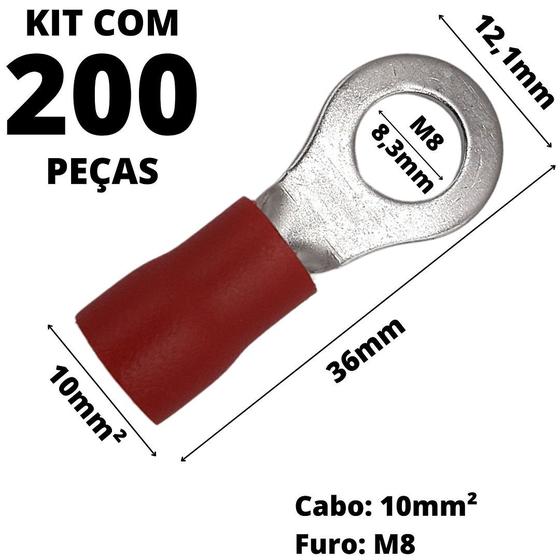 Imagem de 200un Terminal Olhal Pré-Isolado Vermelho 10mm² M8 RVS8-8