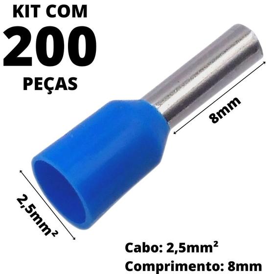 Imagem de 200un Terminal Tubular Ilhós Pré-isolado Simples Para Cabo de 2,5mm² Metal 8mm Azul E2508