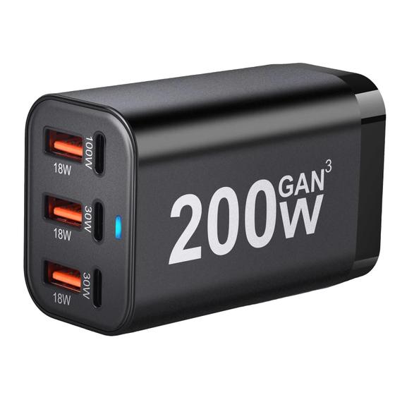 Imagem de 200w 6 Portas Usb C Carregamento Rápido Gan Carregador Adaptador De Alimentação Para Iphone 14 13 12