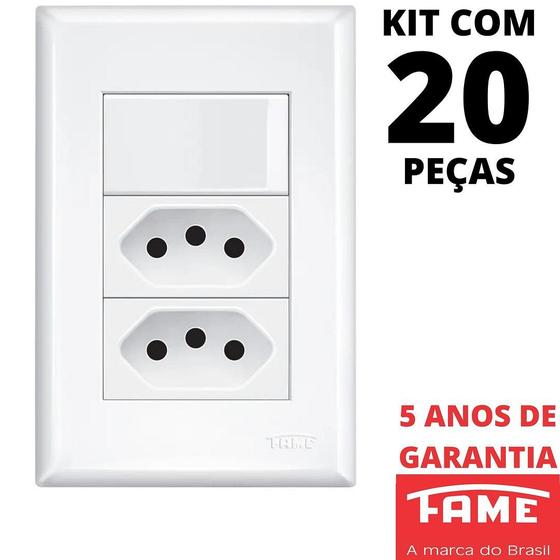 Imagem de 20un Interruptor Paralelo Three Way 16A e Tomada Dupla Padrão 2P+T 20A Com Placa Evidence FAME