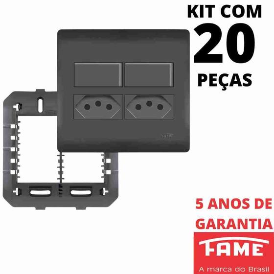 Imagem de 20un Interruptor Simples 10A 2 Teclas e Tomada Padrão Dupla 2P+T 10A Com Placa 4X4 Habitat Black FAME