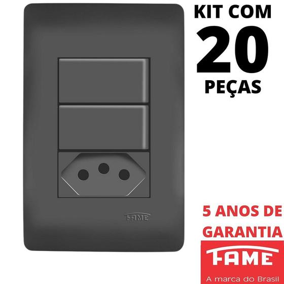 Imagem de 20un Interruptor Simples 2 Teclas 10A e Tomada Padrão 2P+T 10A Com Placa 4x2 Habitat Black FAME